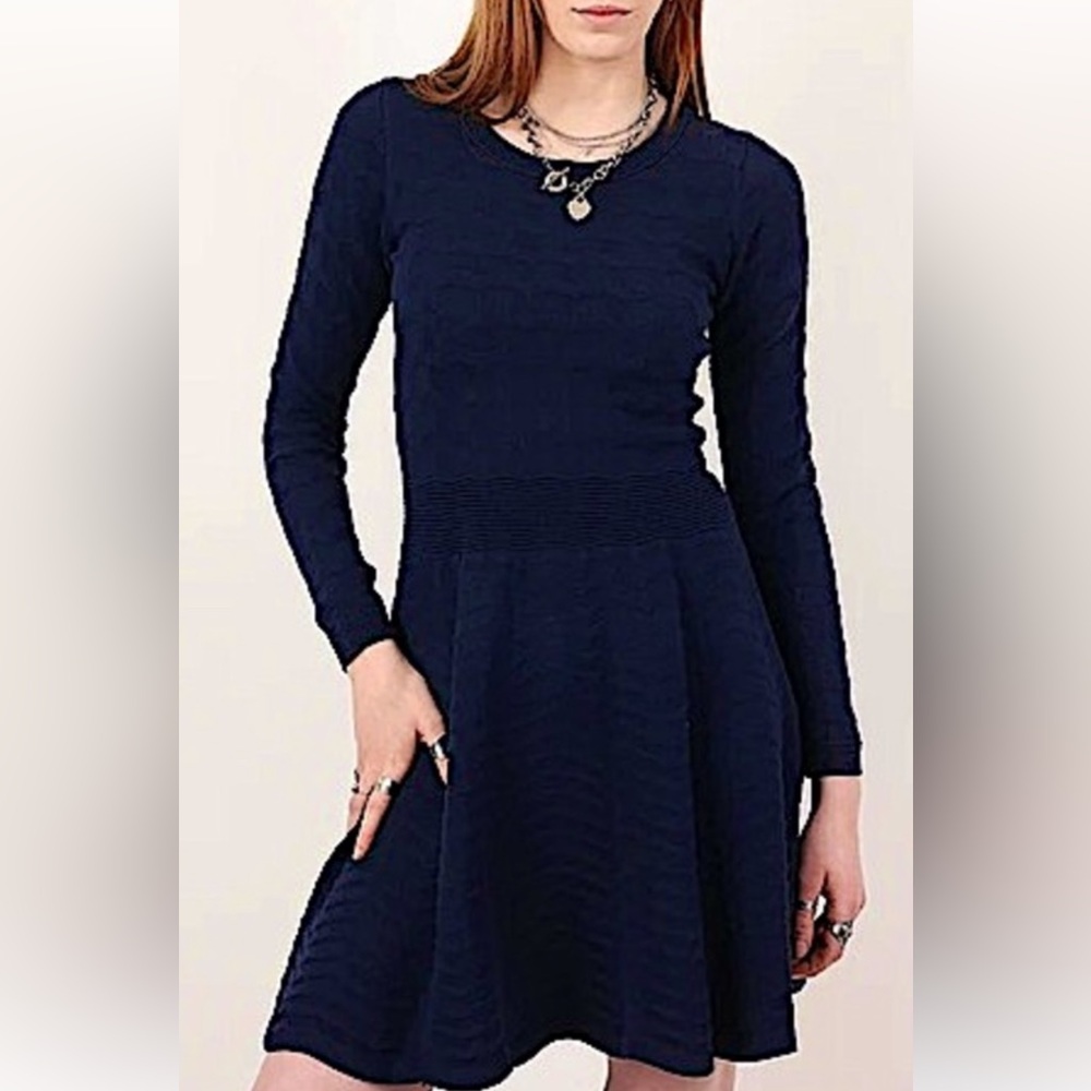 Sandro Diamond Knit Long Sleeve Fit and Flare Mini Dress, Navy Blue